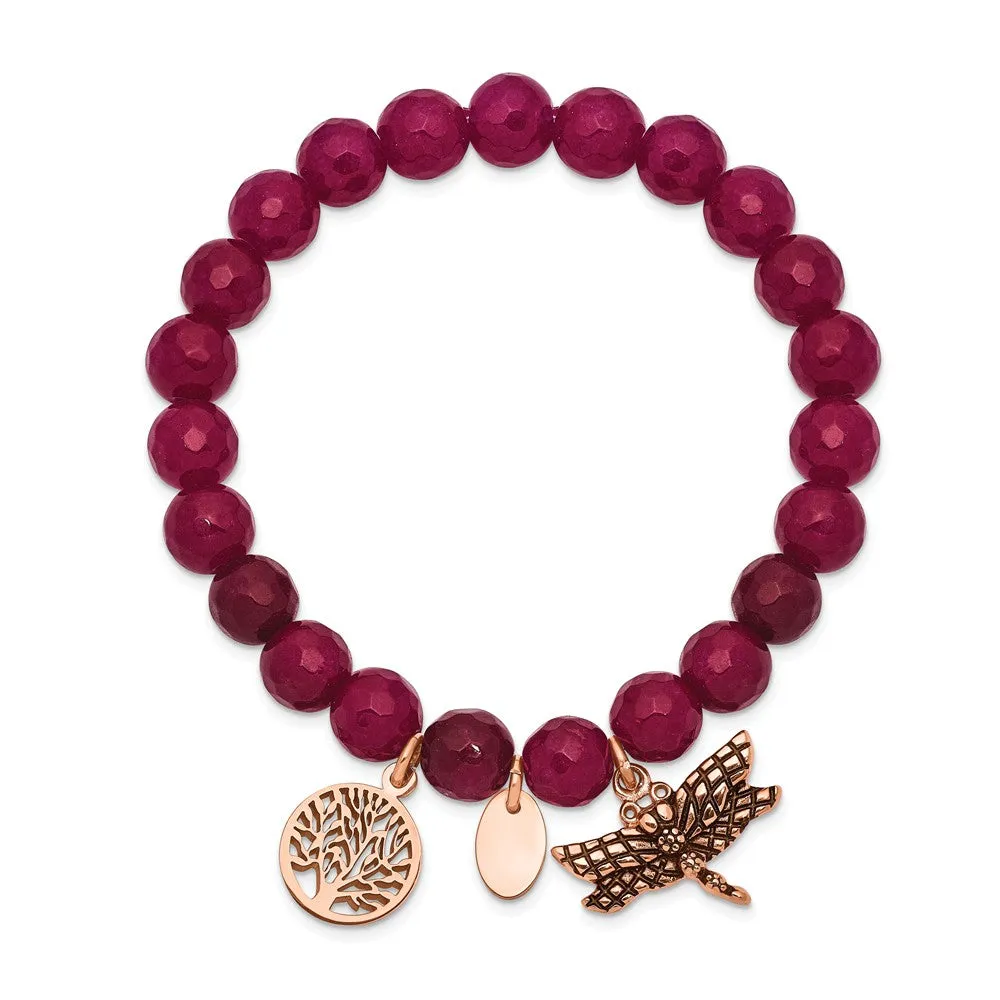 Stainless Steel Antiqued & Polished Rose IP Dragonfly Pink Dyed Jade Bracel