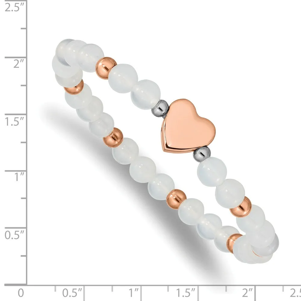 Stainless Steel Rose IP-plated Heart White Agate Stretch Bracelet