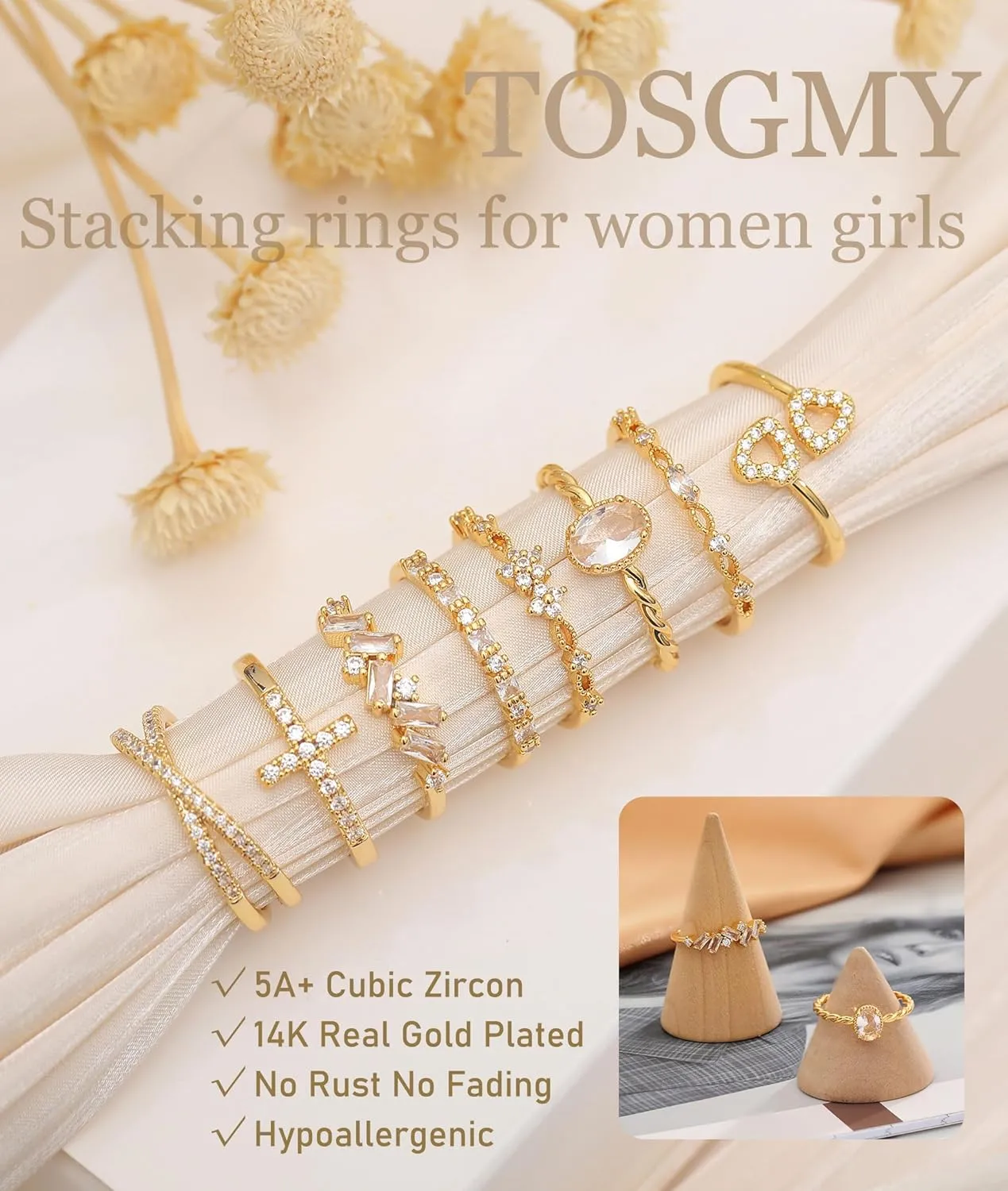 TOSMGY Gold Silver Rings For Women Non Tarnish Gold Plated Stackable Rings Wedding Engagement Bands Dainty 14K Gold Ring Simple Trendy Cubic Zirconia Thumb Stacking Ring Pack Size 4-11