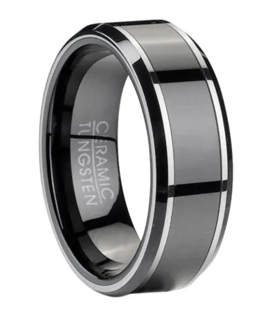 Tungsten Wedding Band for Men with Black Ceramic Inlay | 8mm