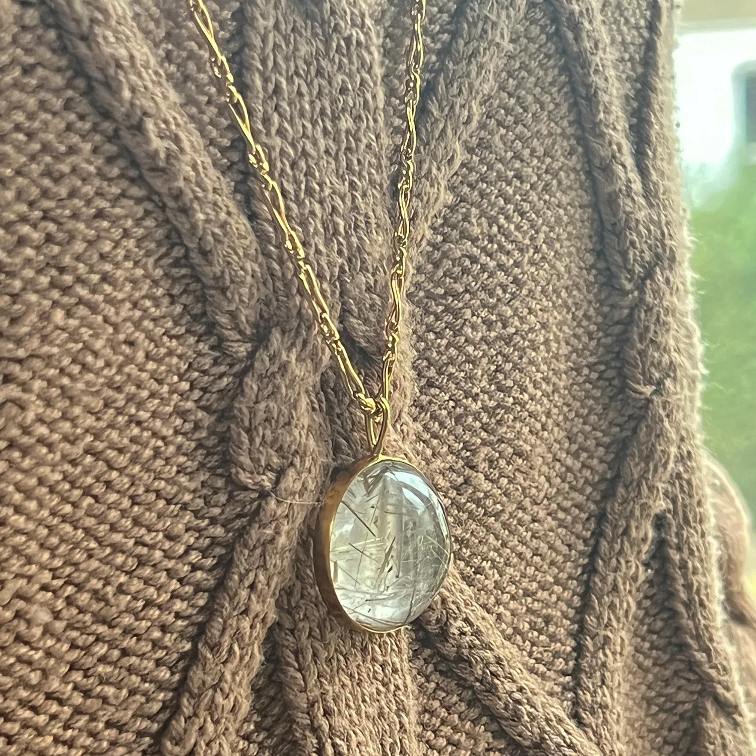Unique Golden Rutile Quartz Cabochon On Long Torsade Chain