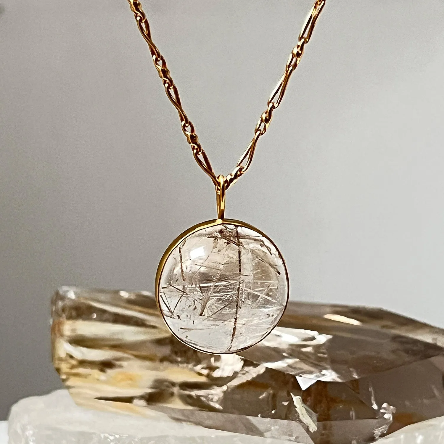 Unique Golden Rutile Quartz Cabochon On Long Torsade Chain