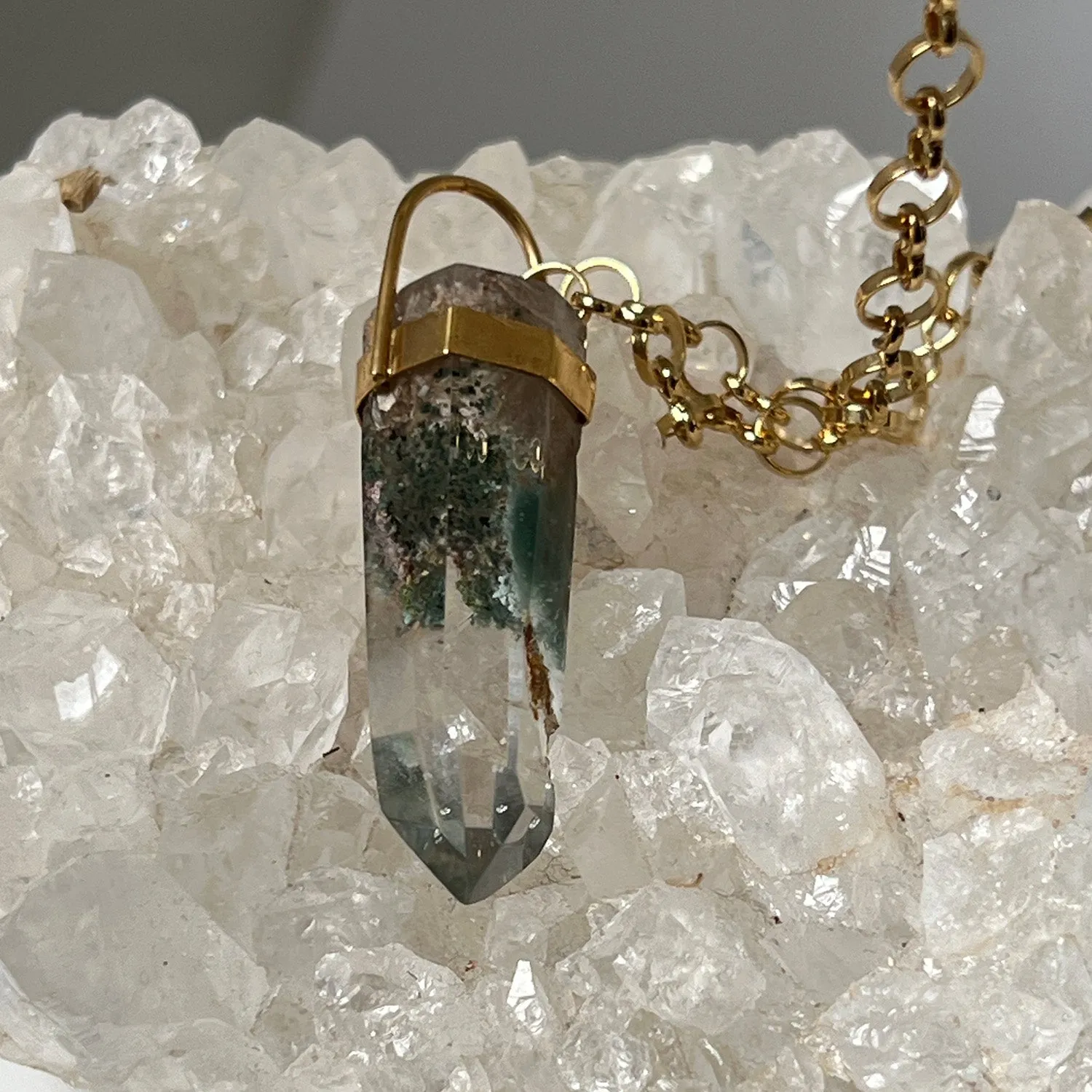 Unique Long Chlorite Point Pendant On Long Little Circle Chain