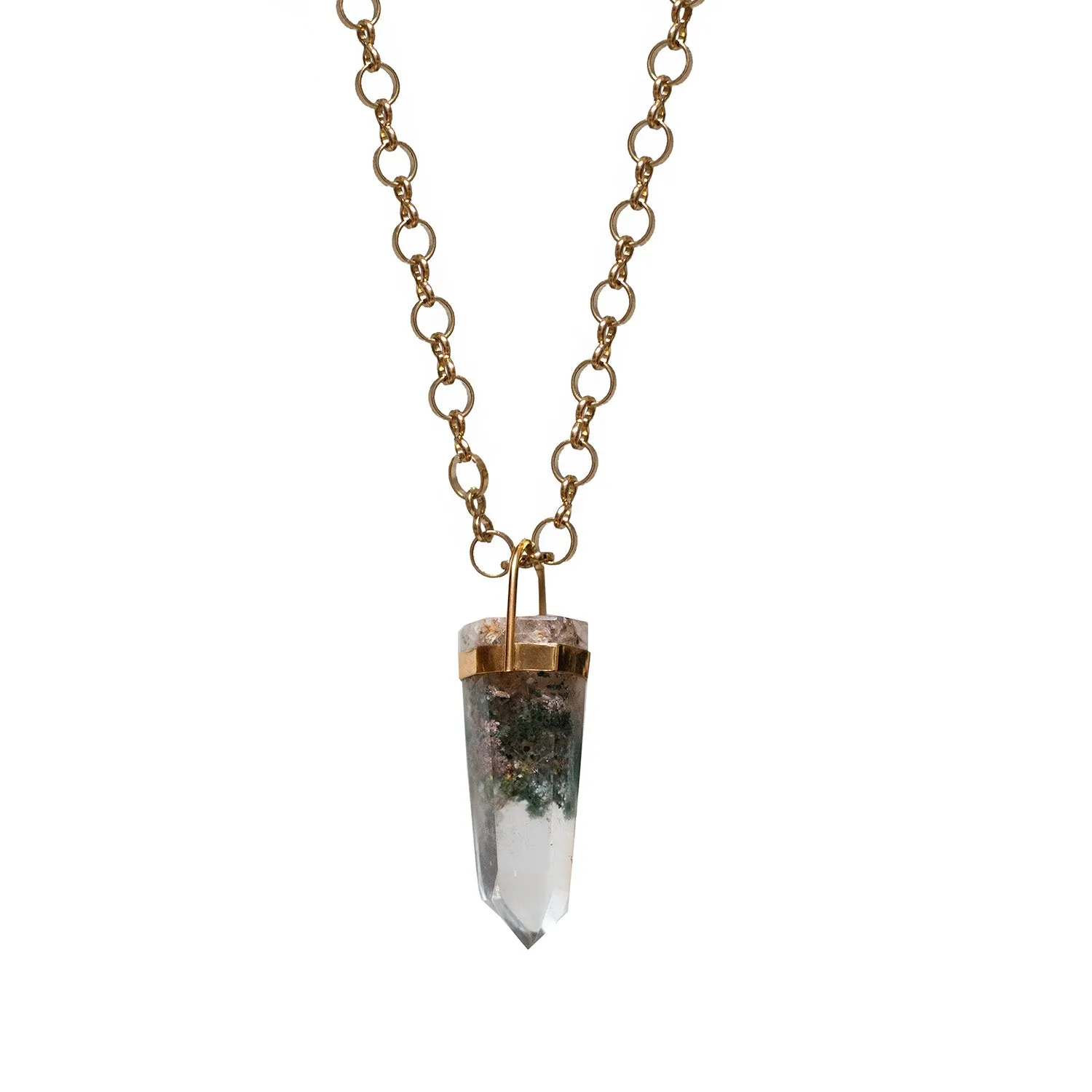 Unique Long Chlorite Point Pendant On Long Little Circle Chain