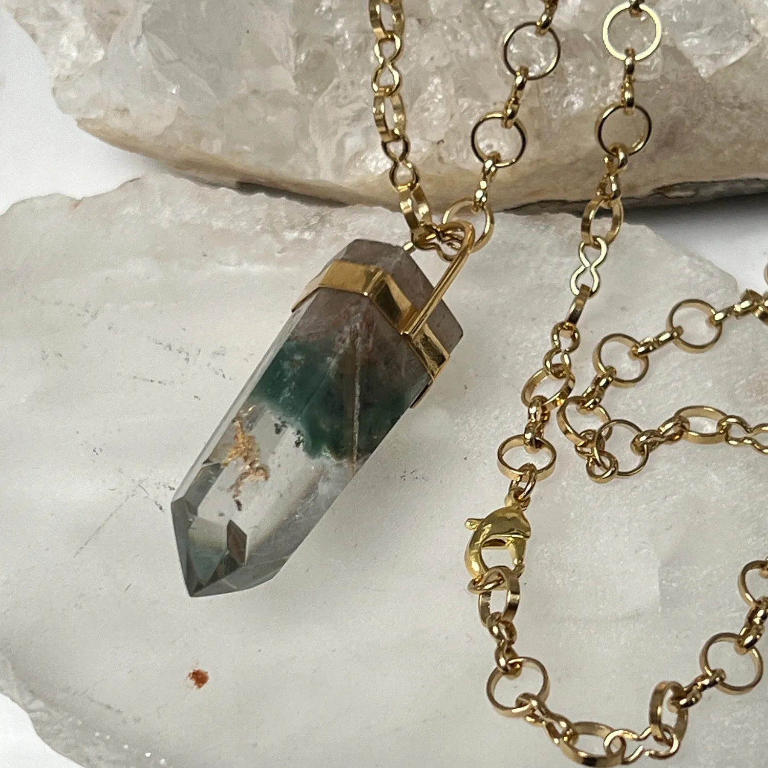 Unique Long Chlorite Point Pendant On Long Little Circle Chain