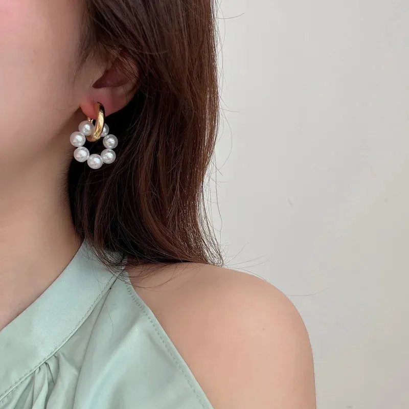 VAIGE Elegant Stainless Steel Simulated Pearl Round Buckle Earrings - Silver & Gold