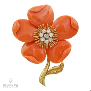 Van Cleef & Arpels Clematis Mid-Century Coral Diamond Brooch