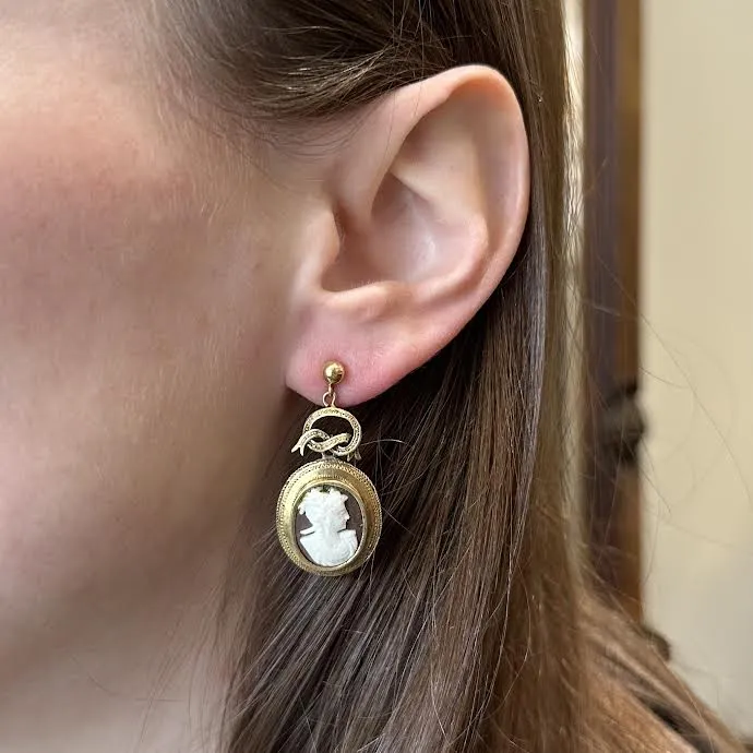 Victorian 14K/10K Yellow Gold Shell Cameo Dangle Earrings