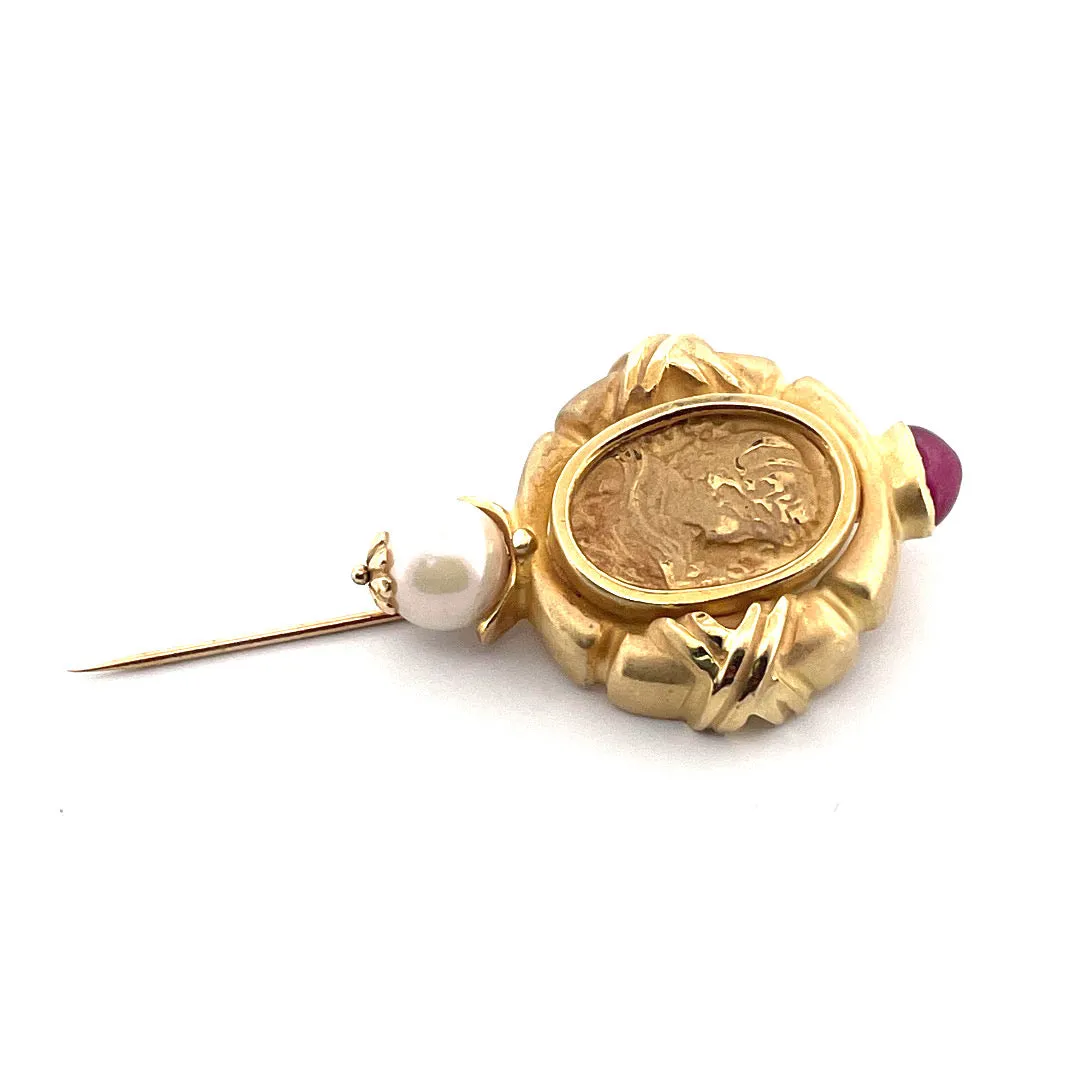Vintage 14K Yellow Gold Ruby and Cultured Pearl Cameo Stick Pin