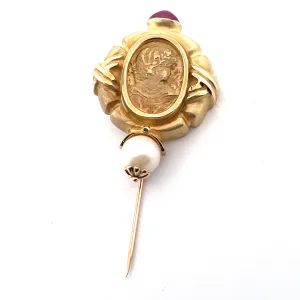 Vintage 14K Yellow Gold Ruby and Cultured Pearl Cameo Stick Pin