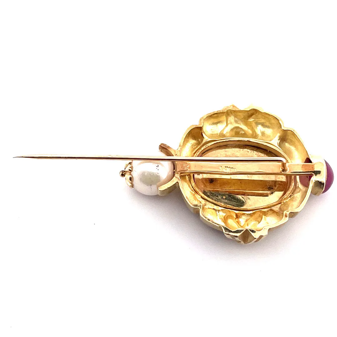 Vintage 14K Yellow Gold Ruby and Cultured Pearl Cameo Stick Pin