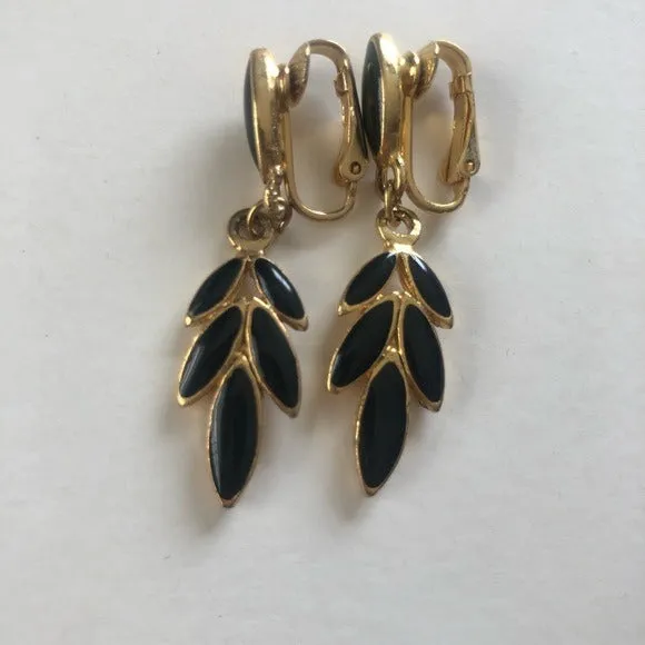 Vintage black and gold tone clip on dangle earrings