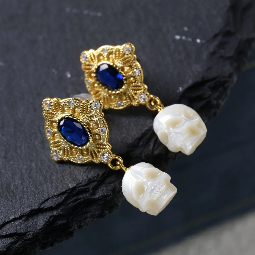 Vintage Blue Gem Pearl Skull Earrings