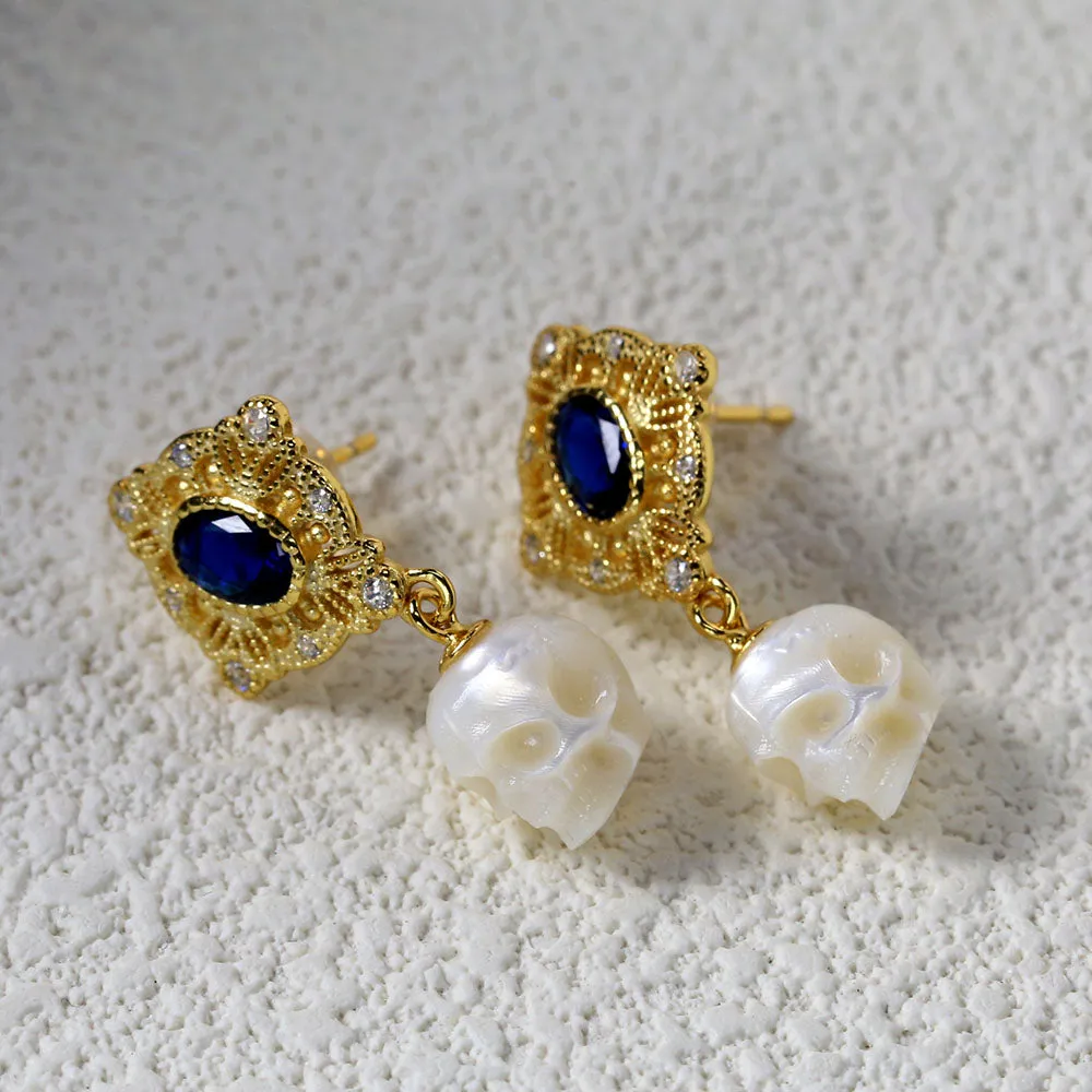 Vintage Blue Gem Pearl Skull Earrings