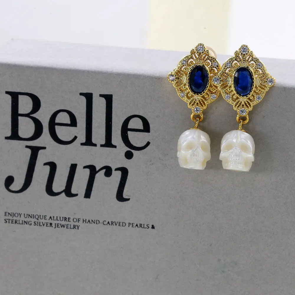 Vintage Blue Gem Pearl Skull Earrings