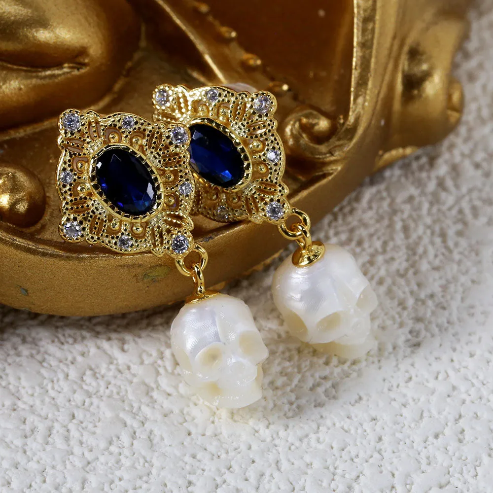 Vintage Blue Gem Pearl Skull Earrings