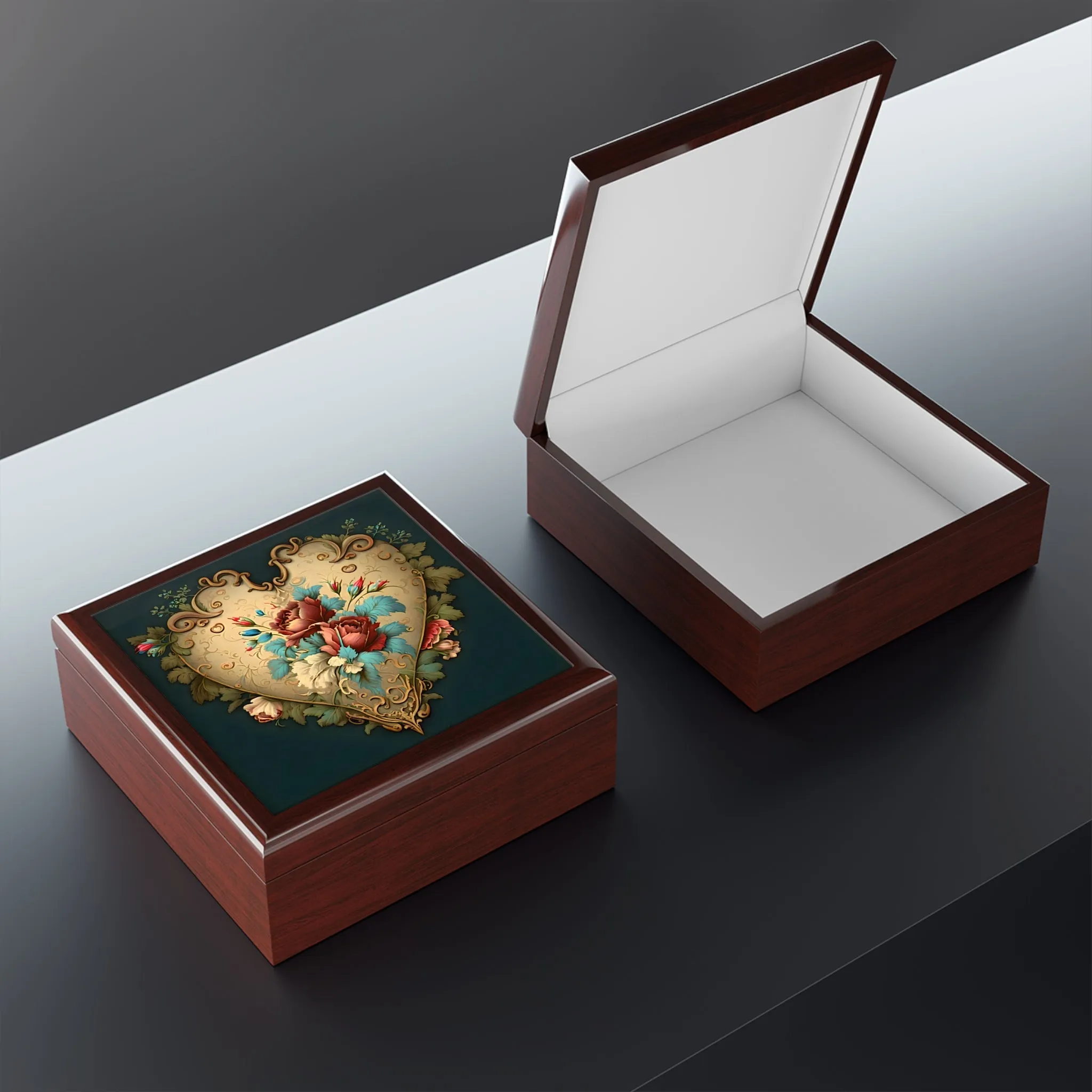Vintage French Style  Heart  and Roses Jewelry Box