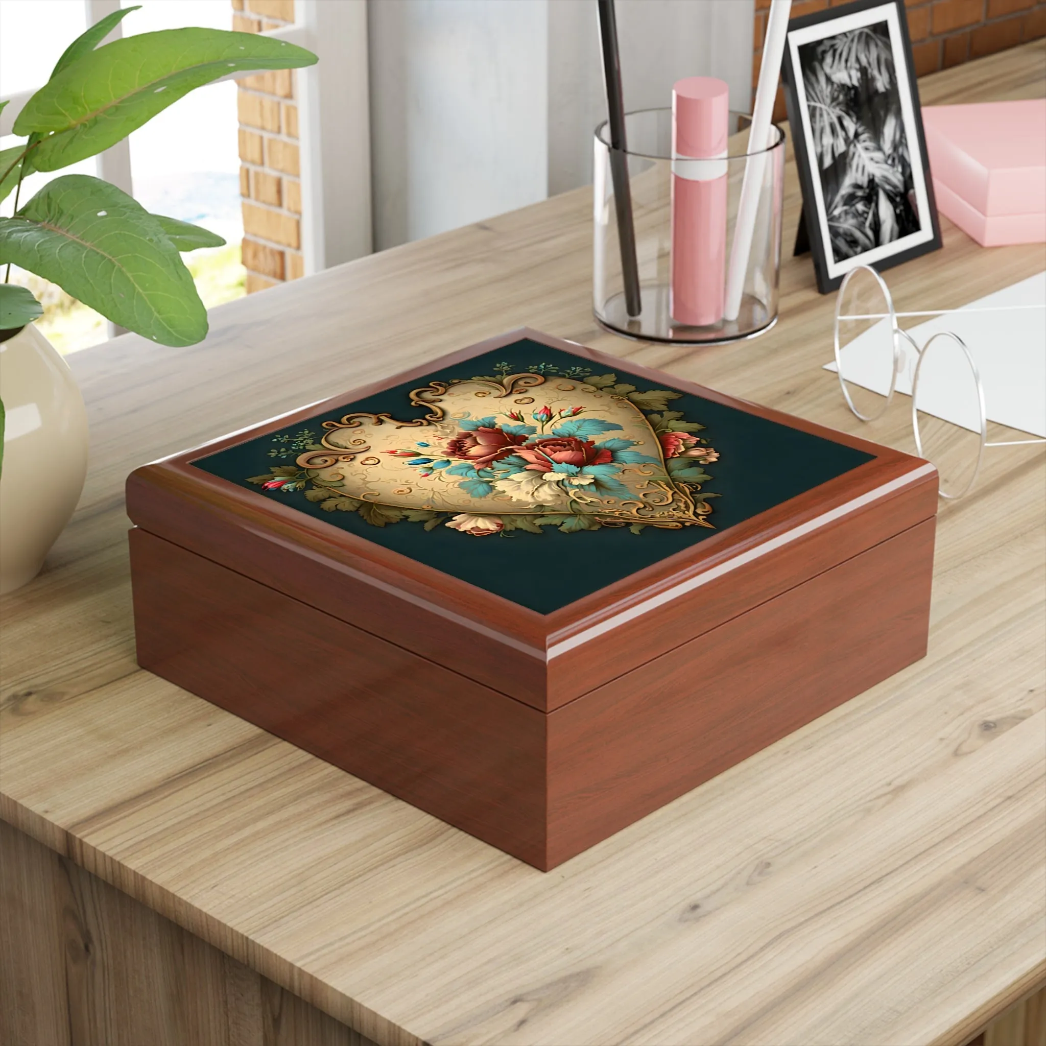 Vintage French Style  Heart  and Roses Jewelry Box