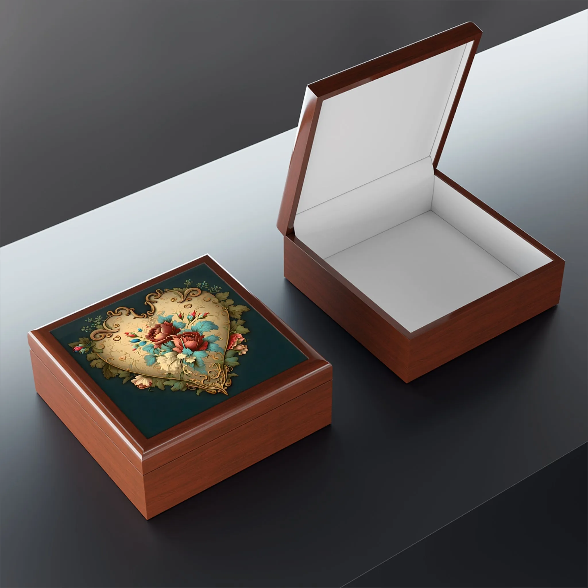 Vintage French Style  Heart  and Roses Jewelry Box