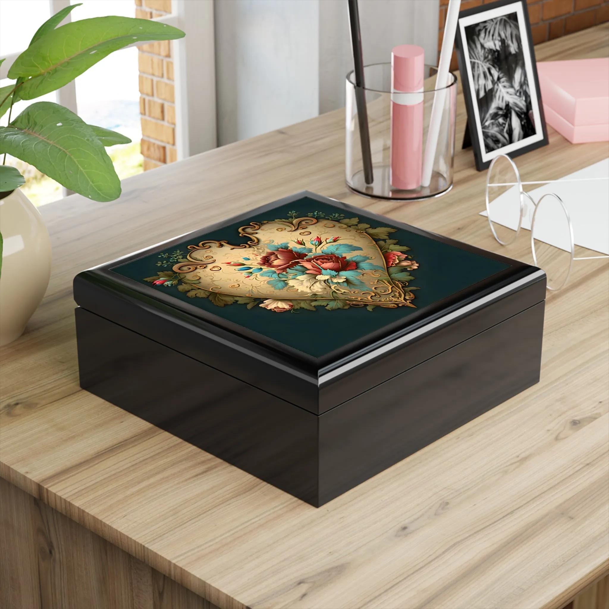 Vintage French Style  Heart  and Roses Jewelry Box
