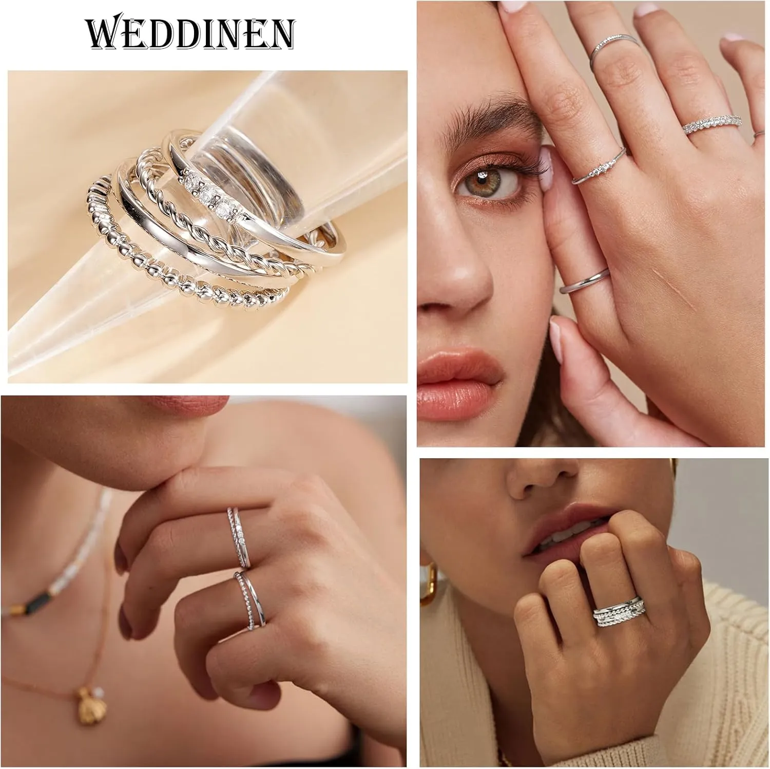 WEDDINEN 4PC Gold Rings for Women, S925 Sterling Silver 14k Gold Filled Plated Stackable Thin Thumb Ring Set Cubic Zirconia Dainty Stack Gold Knuckle Rings Set Size 6-10