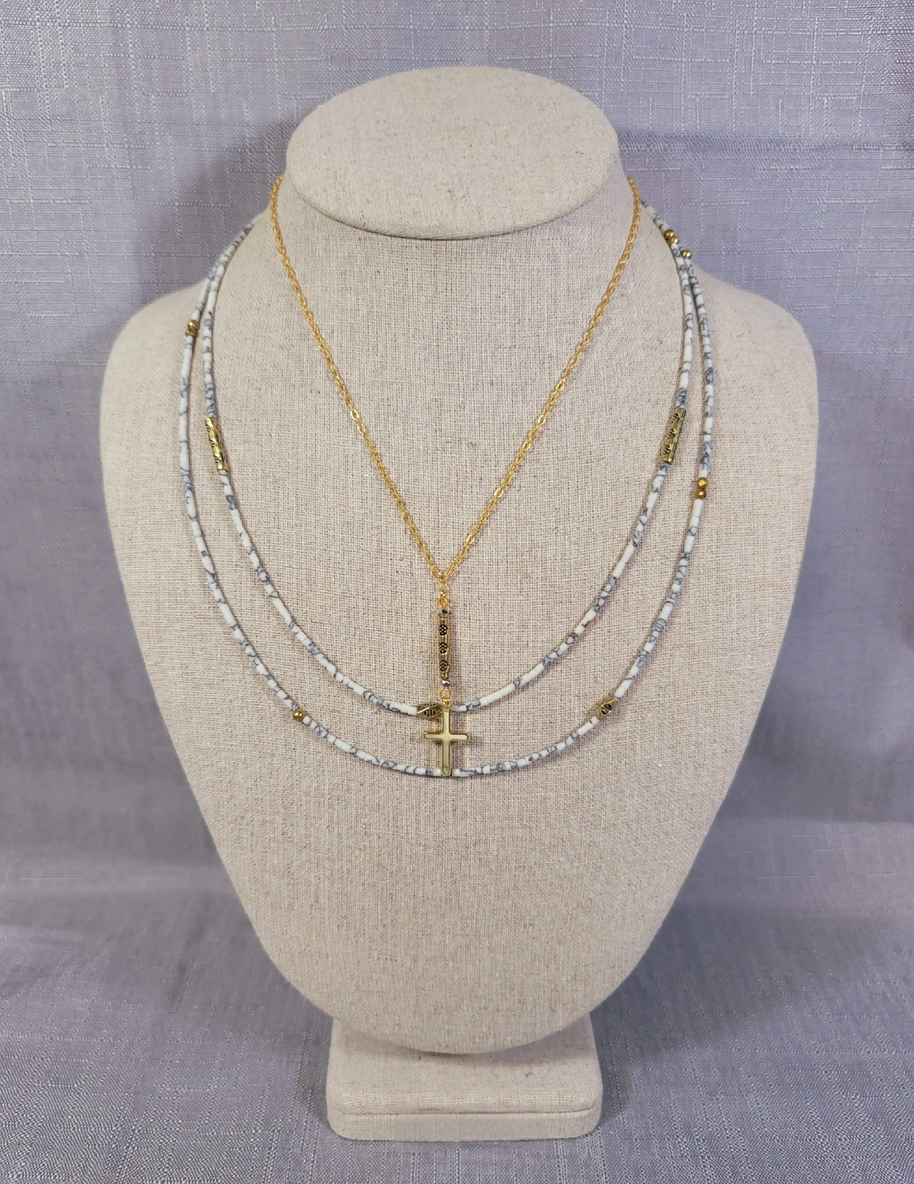 White Rondelle Cross Necklace