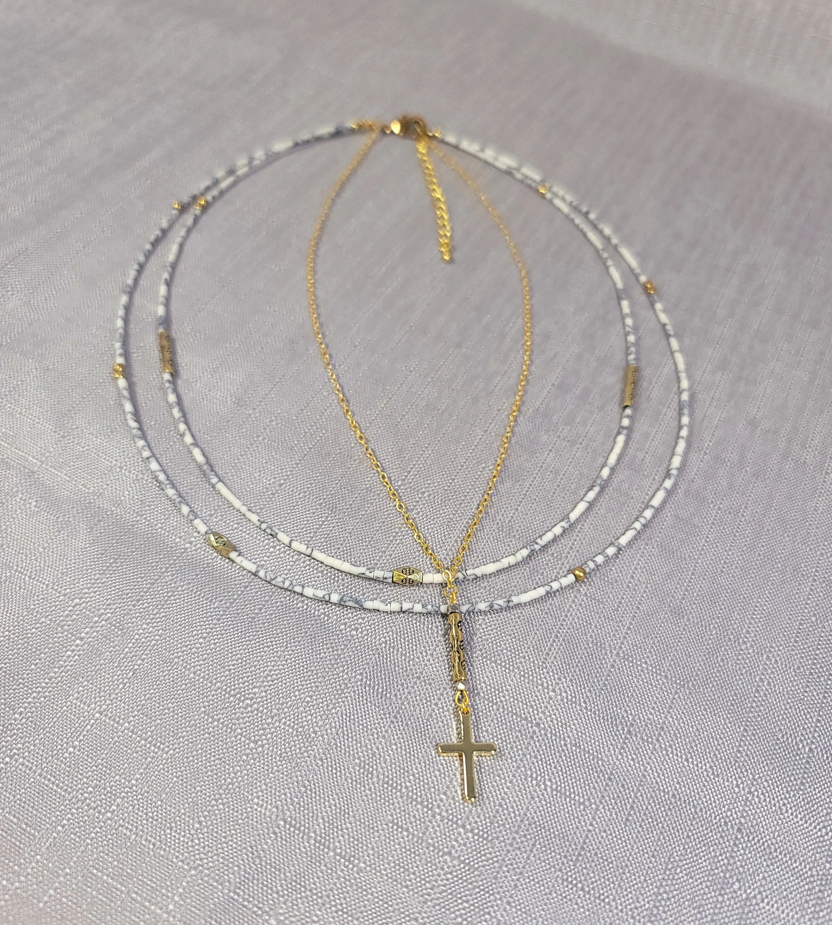 White Rondelle Cross Necklace