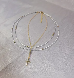 White Rondelle Cross Necklace
