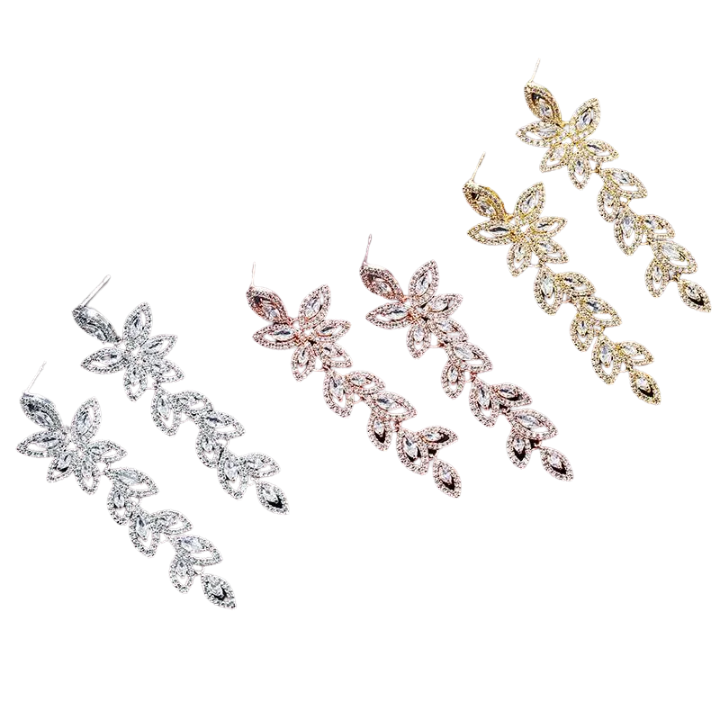 Women Crystal Long Leaves Drop Earrings.
