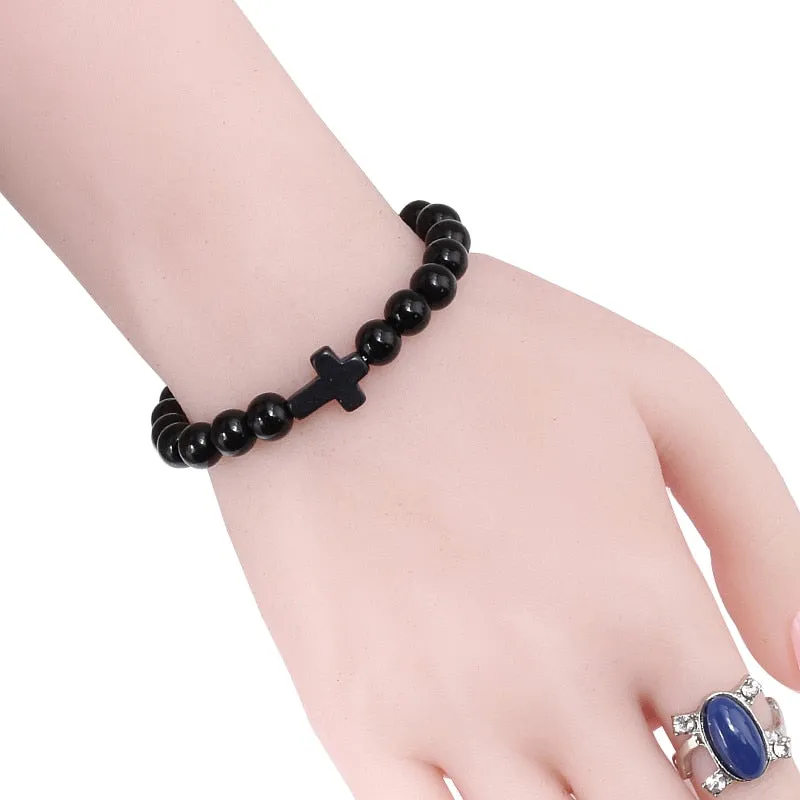 Women's Natural Volcanic Stone Black Lava Cross Bracelet