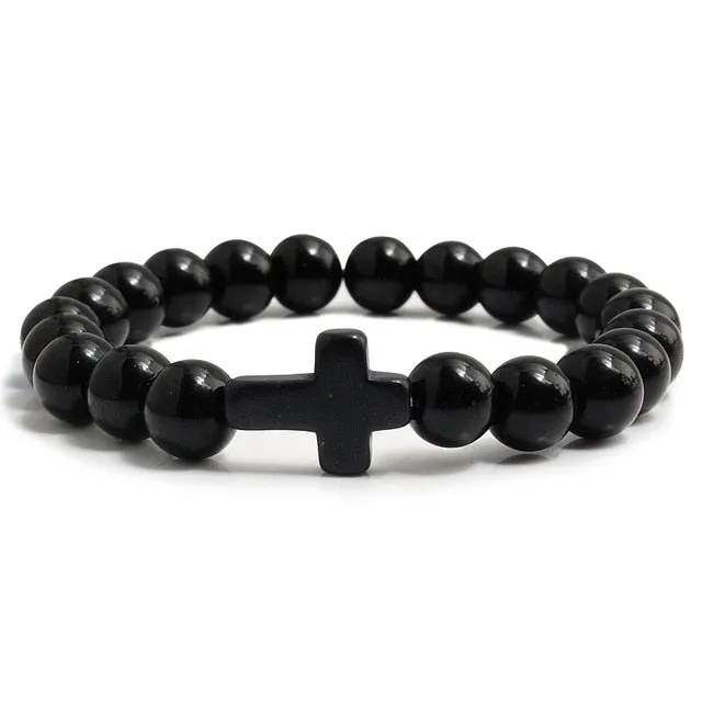 Women's Natural Volcanic Stone Black Lava Cross Bracelet